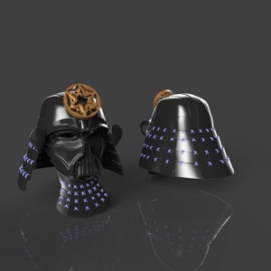 May include: Two black samurai helmets with gold accents and purple details. One helmet has a star-shaped design on the top.