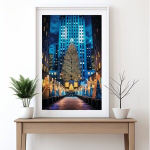 Travel Poster New York Rockefeller Center, mit goldenen Engeln, Wall Art Poster, Wandbild mit Blick auf Weihnachtsbaum Rockefeller, Download