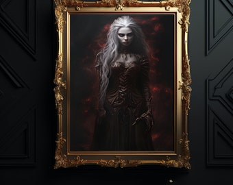 May include: A framed portrait of a woman with long white hair wearing a dark, ornate dress. The background is a dark red with swirling patterns.