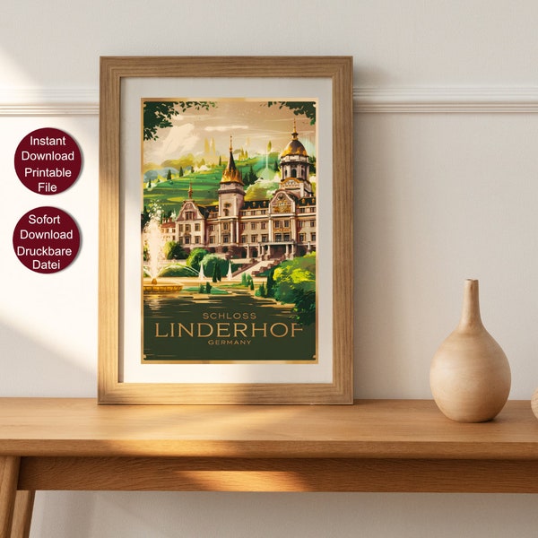 Linderhof Palace Elegance – Bavarian Retreat Vintage Travel Poster, Bavarian Palace Art of King Ludwig's Castle, European Castle Wall Art