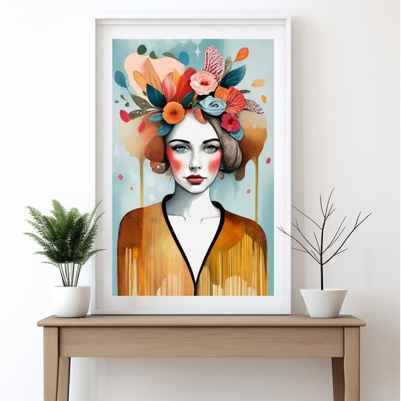 Frauenkopf Mit Blumen Im Haar, Boho Kunstdruck. Wandkunst Im XXL Format Zum Download. Schöne Wall Art Im Boho Stil Für Zuhause Oder Büro