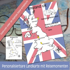 Personalisiertes Geschenk, Reiseerinnerung England, als gedruckte Reisekarte, als Download, SVG, Einlage für Reisetagebuch oder Reiseplaner