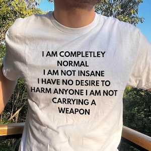 Puede incluir: Camiseta blanca con texto negro. El texto dice: "SOY COMPLETAMENTE NORMAL, NO ESTOY LOCO, NO TENGO NINGÚN DESEO DE DAÑAR A NADIE, NO LLEVO UN ARMA."