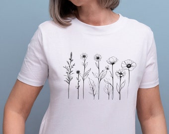 T-shirt minimaliste, regali per le donne, felpa girocollo con fiori, magliette estetiche, camicie floreali per le donne, magliette grafiche con fiori selvatici