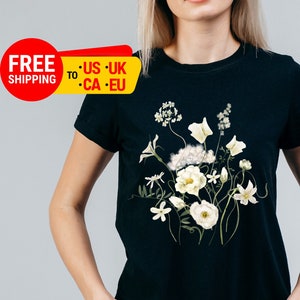 Pressed Flowers Tshirt, Boho Wildflowers Cottagecore Shirt, Oversized Vintage Botanical Tee, Pastel Floral Nature Shirt, Garden Lover Shirt image 1
