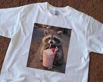 Raccoon Milkshake T-Shirt – Animal Graphic Tee, Unisex Cotton Shirt
