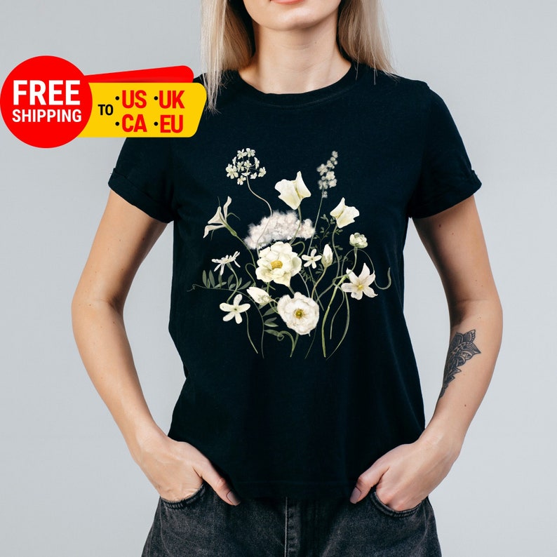 Pressed Flowers Tshirt, Boho Wildflowers Cottagecore Shirt, Oversized Vintage Botanical Tee, Pastel Floral Nature Shirt, Garden Lover Shirt image 1