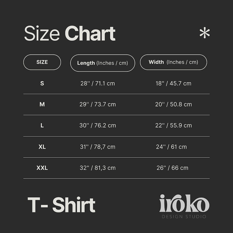 Op de afbeelding: Een maattabel voor een T-shirt, met afmetingen in inches en centimeters. Maten vari&euml;ren van S tot XXL, met lengtes van 28"/71,1 cm tot 32"/81,3 cm en breedtes van 18"/45,7 cm tot 26"/66 cm. Het iroko DESIGN STUDIO logo staat onderaan.