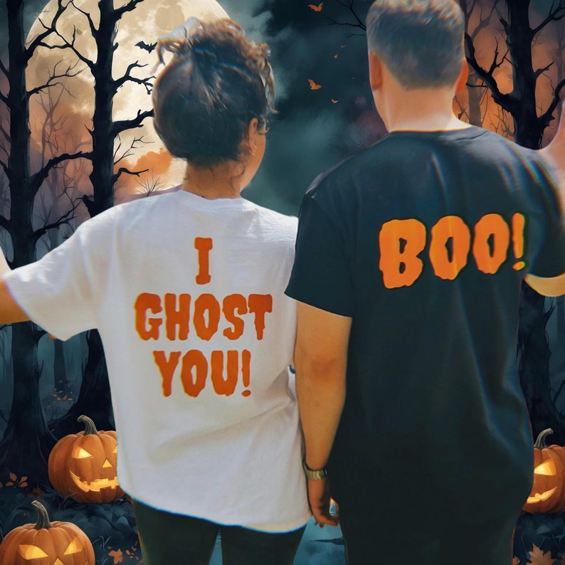 Matching Halloween Couple T-Shirts: I Ghost You & Boo Set image 1