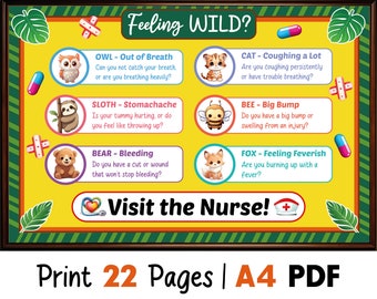 Feeling Wild bulletinboardkit, gezondheidsdisplay schoolverpleegkundige, decor verpleegkundige kantoor, wanneer te bezoeken aan het prikbord voor verpleegkundigen, digitale pdf