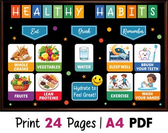 Kit de tablón de anuncios de hábitos saludables, decoración de bienestar para enfermeras escolares, cartel de salud para el aula, tablón de anuncios para hospitales, descarga digital en PDF