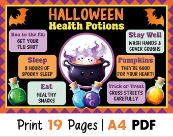 Gezondheidsdrankjes Halloween bulletinboard kit, schoolverpleegkundige oktober decor, Boo to the Flu gezondheidsdisplay, prikbord ziekenhuis pdf-download