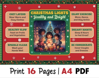Bulletinboardkit kerstverlichting, schoolverpleegkundige winterdecor, gezondheidsdisplay vakantie voor klas of ziekenhuis, digitale pdf-download