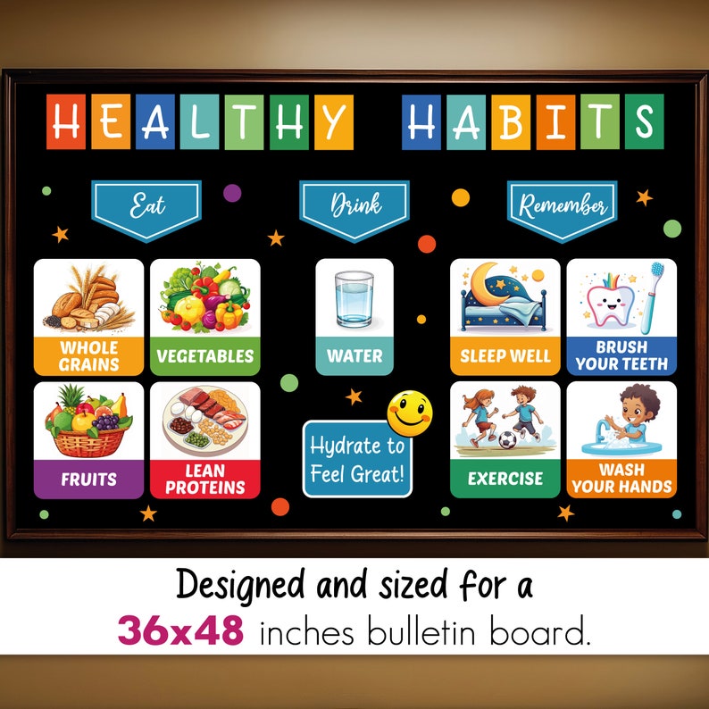 Op de afbeelding: Een kleurrijk diagram met de titel "HEALTHY HABITS" op een zwarte achtergrond. Het diagram is verdeeld in drie secties: Eten, Drinken en Onthouden. Elke sectie bevat afbeeldingen en tekst met betrekking tot gezonde gewoonten. Het diagram is ontworpen voor een prikbord van 91,44 x 121,92 cm.