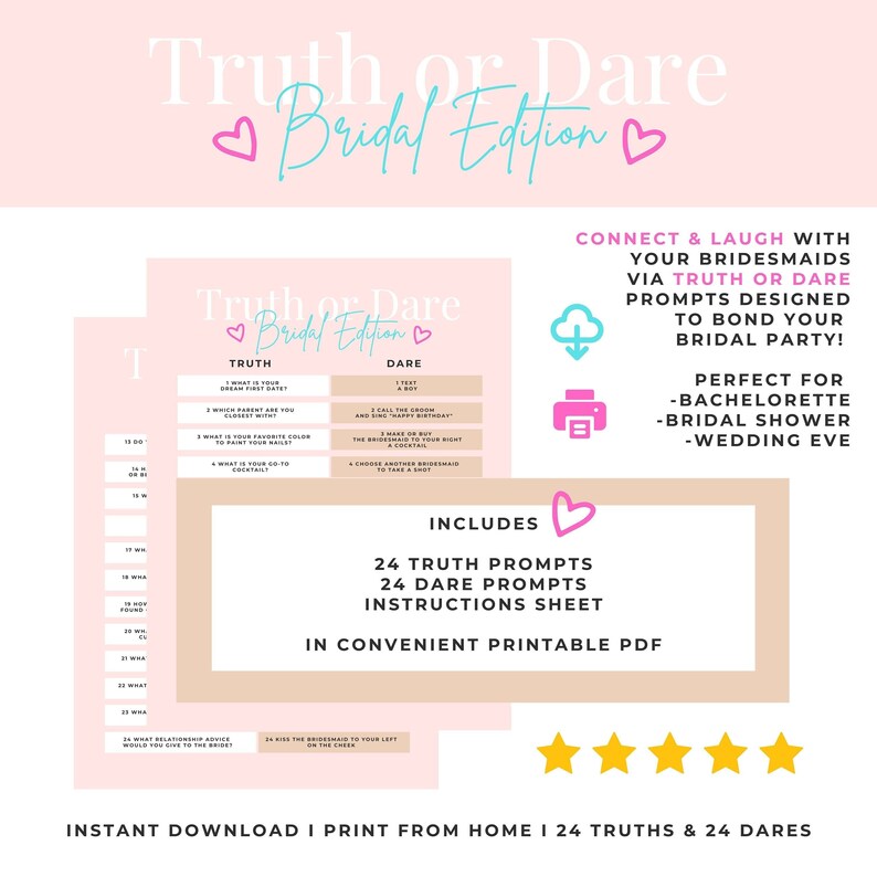 Truth or Dare Printable Bachelorette Bridal Shower Truth or - Etsy