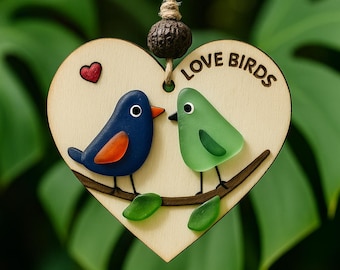 Sea Glass Love Birds Ornament – Handmade Coastal Wedding or Christmas Gift