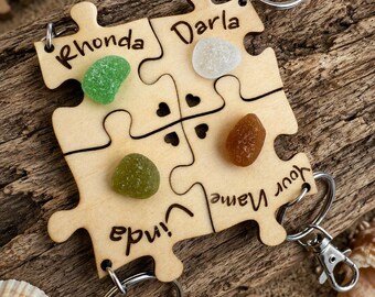 Personalized Puzzle Keychain Set – Engraved Wood & Sea Glass Friend Gift