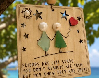Decorazione dell'amicizia in vetro di mare, Gli amici sono come le stelle, Regalo personalizzato per il gruppo BFF, Opera d'arte in legno fatta a mano