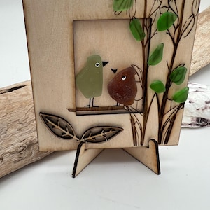 Framed Sea Glass Bird Art – “Birds of a Feather, Friends Forever” – Handmade Gift with Easel – Nature or Friendship Decor