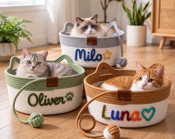 Personalized Cotton Rope Cat Bed with Toy Ball, Cozy Woven Cat Basket, Natural Pet Nest for Indoor Cats, Kitten Bed, Cat Lover Gift