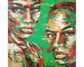 FREE SHIPPING Unique 40"x40" african abstract women portrait contemporary painting colorful large size Artwork popart style Carolyn Mielke