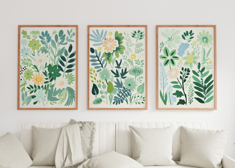 Bundle of 3 Sage Green Floral Art, Matisse Style Flower Wall Poster