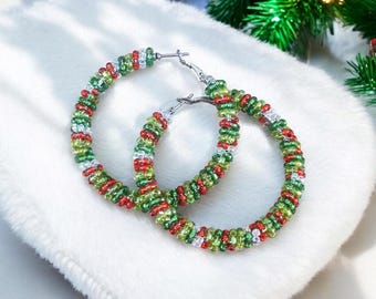 Christmas Beaded Hoop Earrings: Red, White, and Green Festive Jewelry
