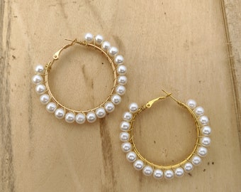 Wire Wrapped Pearl Hoop Earrings: Bridal Wedding Jewelry