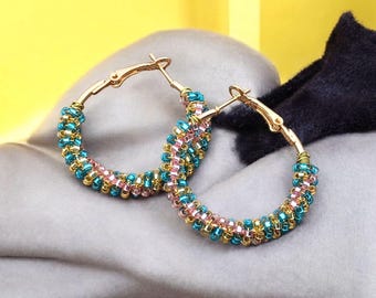 Mermaid Seed Bead Hoop Earrings: Pastel Pink, Gold, Cerulean Blue