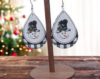 Plaid Snowman Dangle Earrings: Leather & Wood Statement Jewelry