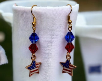 Patriotic Dangle Earrings: USA Flag Star Charm, Red White Blue Beads