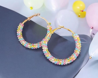 Pastel Seed Bead Hoop Earrings: Colorful Cotton Candy Jewelry