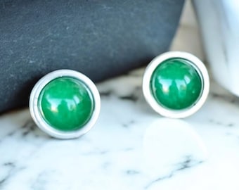 Handmade Small Green Stone Stud Earrings on Sterling Silver