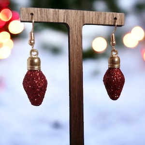 Festive Dark Red Light Bulb Christmas Earrings with Gold Glitter Accents, Christmas earrings, Christmas jewelry accessories