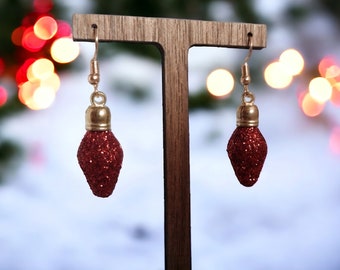 Gold Glitter Dark Red Light Bulb Christmas Earrings