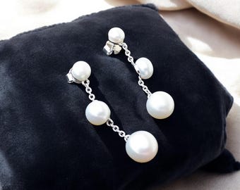 Dainty Pearl Dangle Earrings, Sterling Silver with Freshwater Pearls, 18K Gold Plated