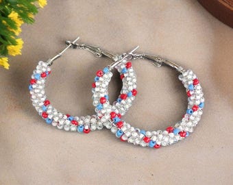 Red, White & Blue Seed Bead Hoop Earrings: Patriotic Jewelry