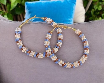 Colorful Seed Bead Hoop Earrings: Brown, White, Pink, Periwinkle