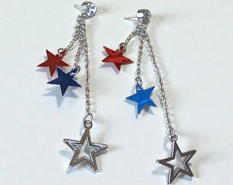 Patriotic Star Drop Earrings – Red, White, Blue USA Jewelry