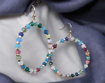 Boho Beaded Hoop Earrings | Colorful Stone, Large Dangle
