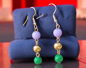 Mardi Gras Beaded Dangle Earrings: Purple, Gold, and Green