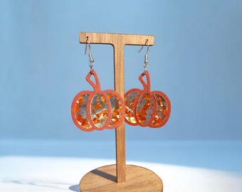 Sparkling Leather Pumpkin Earrings - Vibrant Orange Glitter