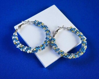 Handcrafted Hanukkah Earrings: Blue, White & Gold Seed Bead Hoops