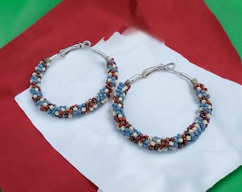 Beaded Hoop Earrings: Matte Gray Blue, Garnet, Cream - Vintage Style