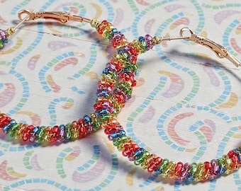 Rainbow Seed Bead Hoop Earrings, Gold Wire, Colorful Gradient