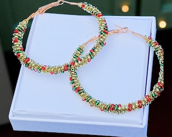 Handcrafted Beaded Christmas Hoop Earrings: Festive Red and Green