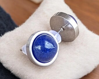Handmade Stainless Steel Stud Earrings: Lab-Made Lapis Lazuli