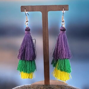 Vibrant Mardi Gras Tassel Earrings - Purple, Green, Gold, Trendy Tri-Colored Tassel Earrings for Mardi Gras Fun