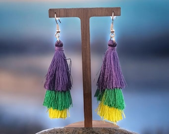 Mardi Gras Tassel Earrings – Purple, Green, Gold, Nickel & Lead-Free