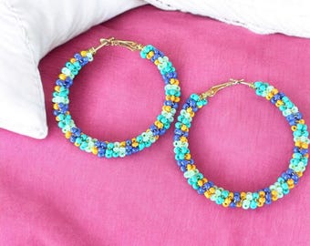 Handmade Seed Bead Hoop Earrings: Beach Sunrise Colors (50mm)
